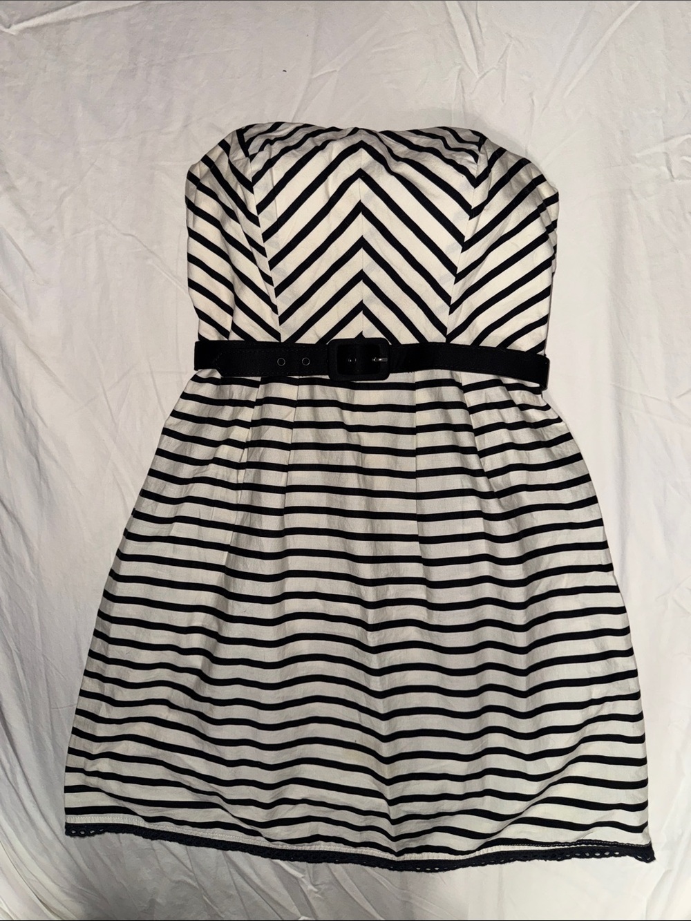Windsor Strapless Black and White Chevron-to-Stripe Belted Dress